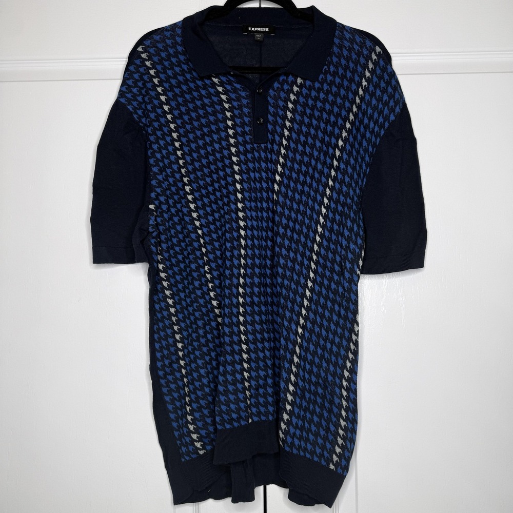 Express Polo Shirt Mens XL Blue Houndstooth Knit Short Sleeve Casual Top